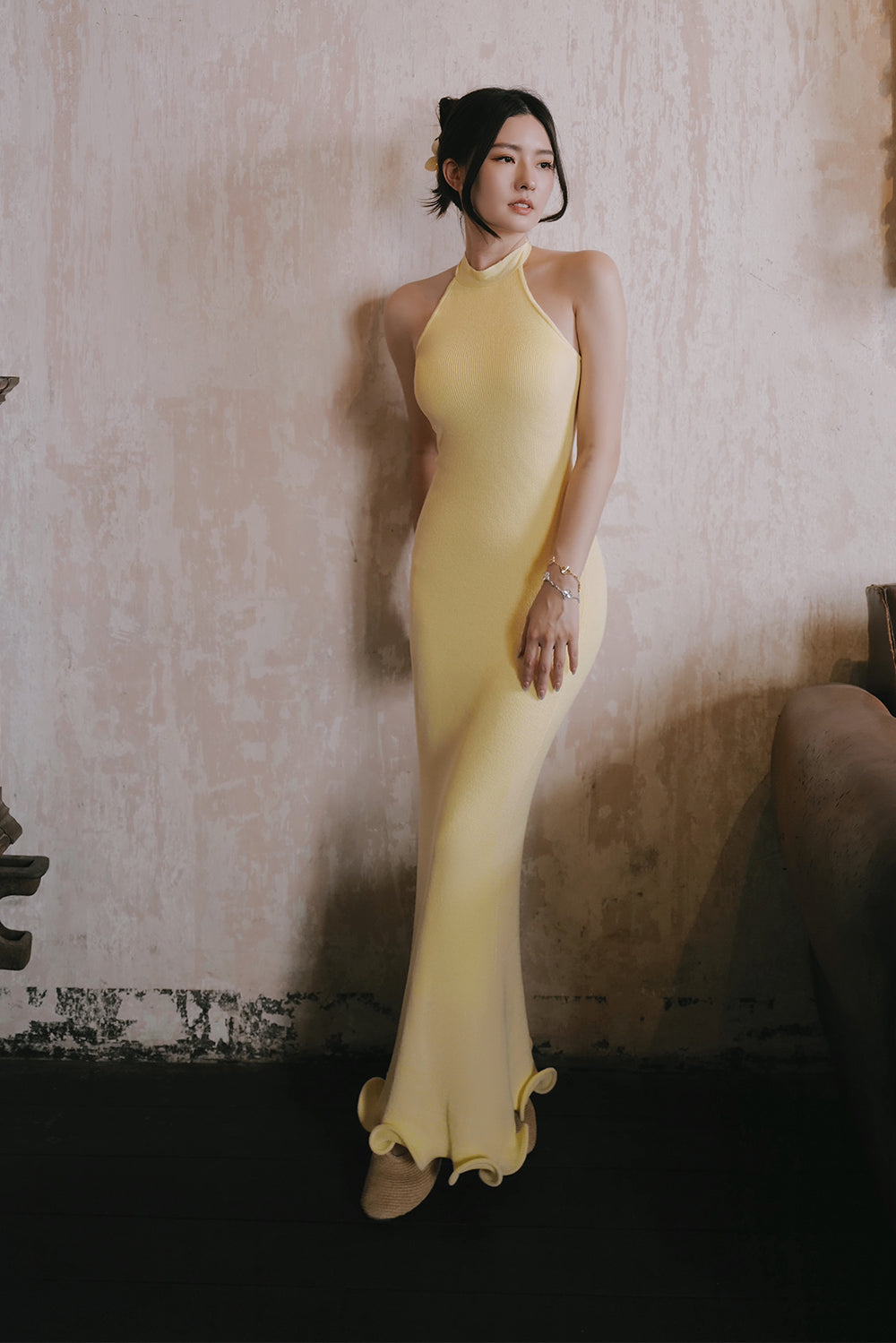Plain Knit Ruffled Hem Halter Maxi Bra Dress – Human Haus Malaysia