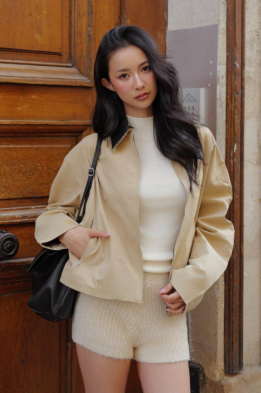 Faux Leather Collar Harrington Jacket