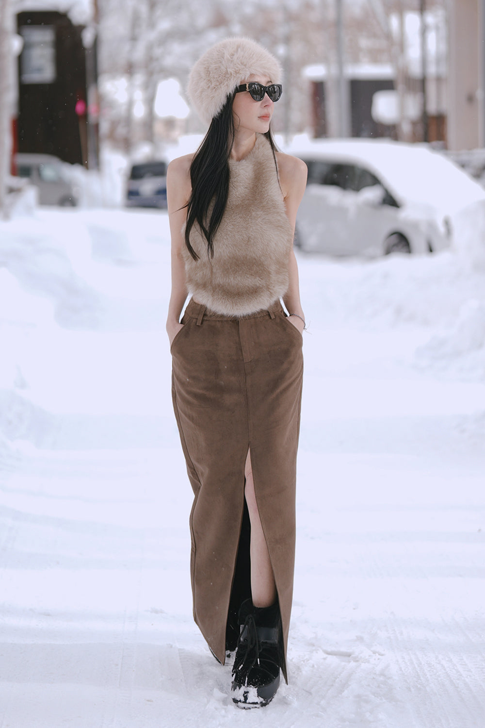 Faux Suede Front-Slit Maxi Skirt