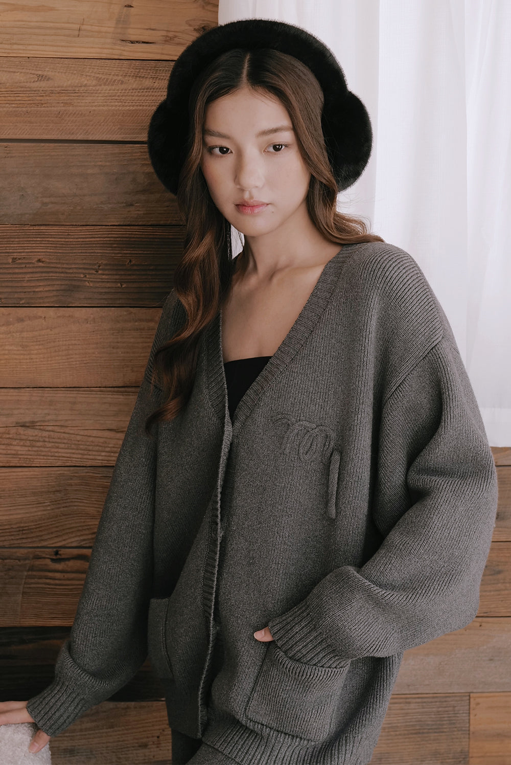 Cotton ribbed knit logo cardigan
