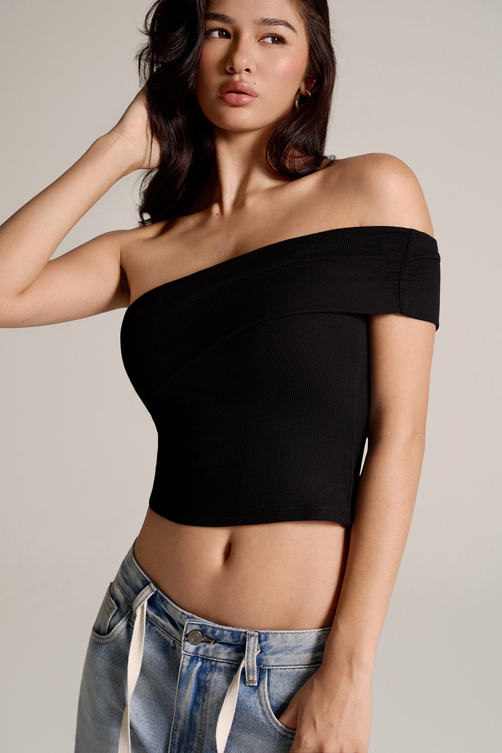 Elegant Rib Asymmetric Off-Shoulder BraTop