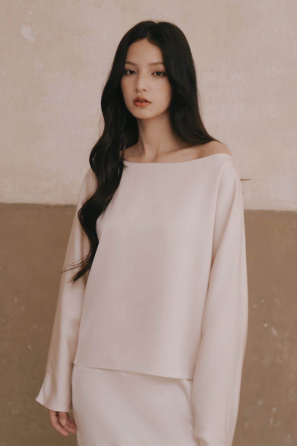 Satin Asymmetrical Off-Shoulder Long Sleeve Top