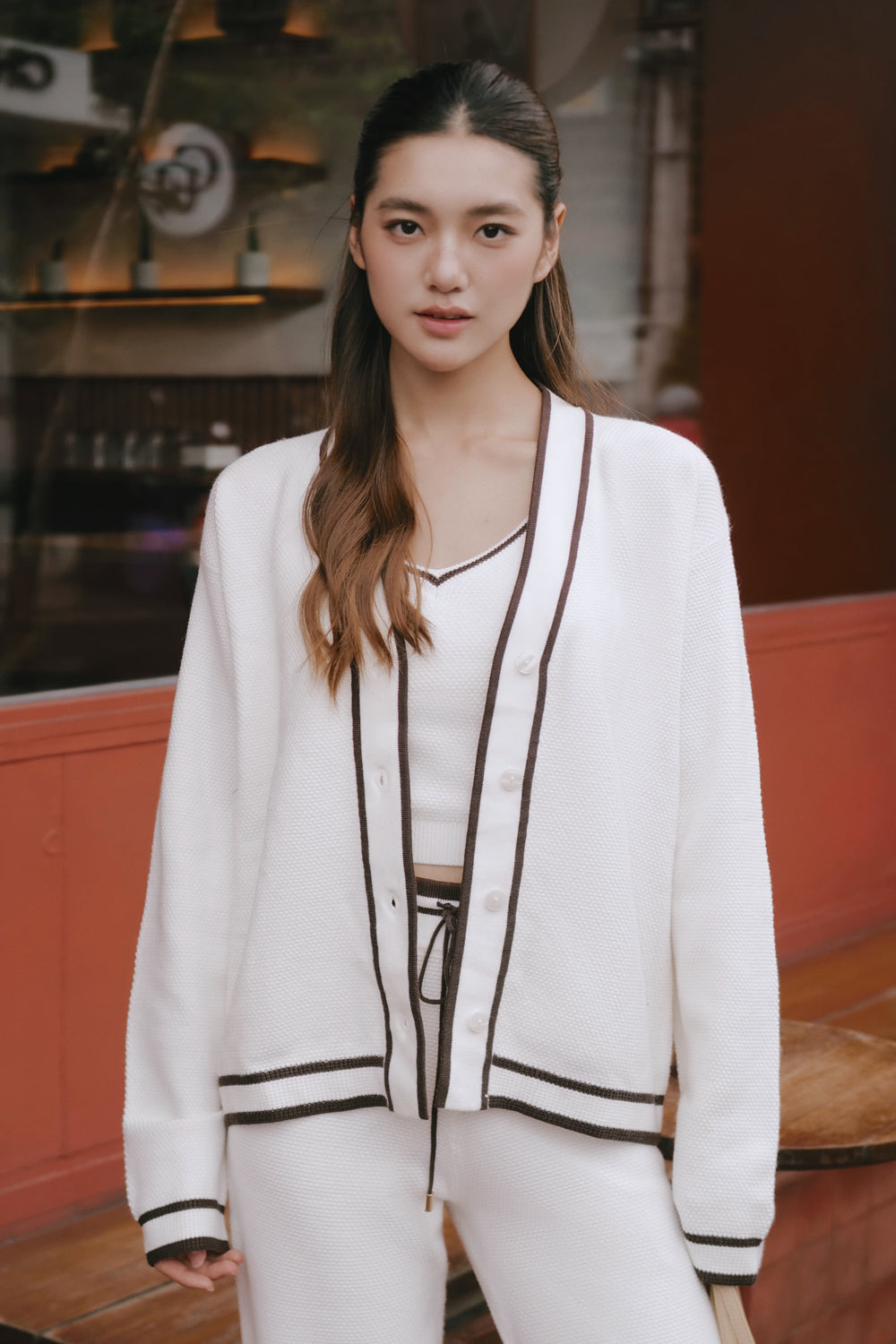 Afternoon Walk Tuck-Stitch Knit Contrast Trim Cardigan