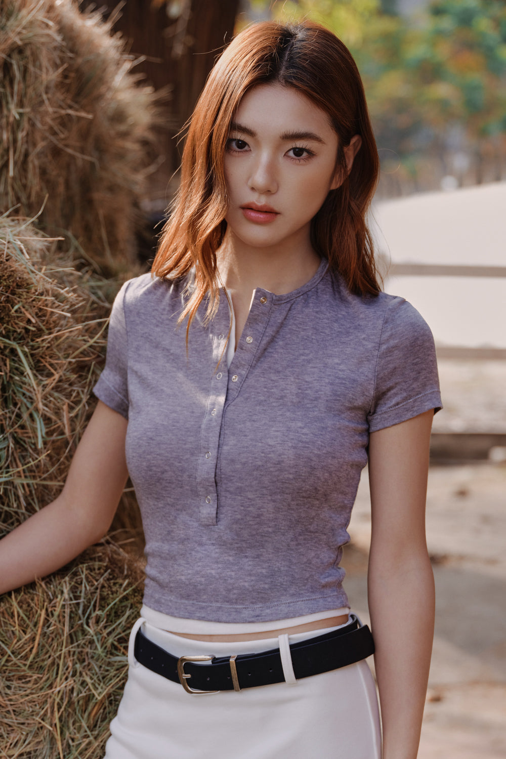 Slim-Fit Faux Two-Piece Henley Crop Top