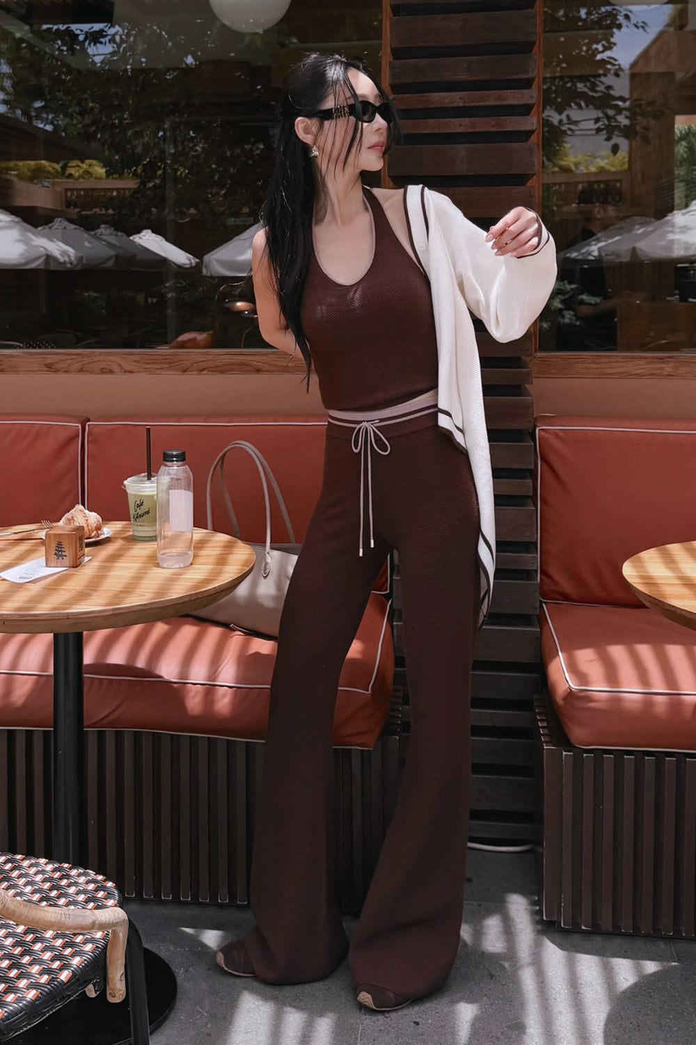 Afternoon Walk Tuck-Stitch Knit Contrast Trim Drawstring Wide-Leg Pants