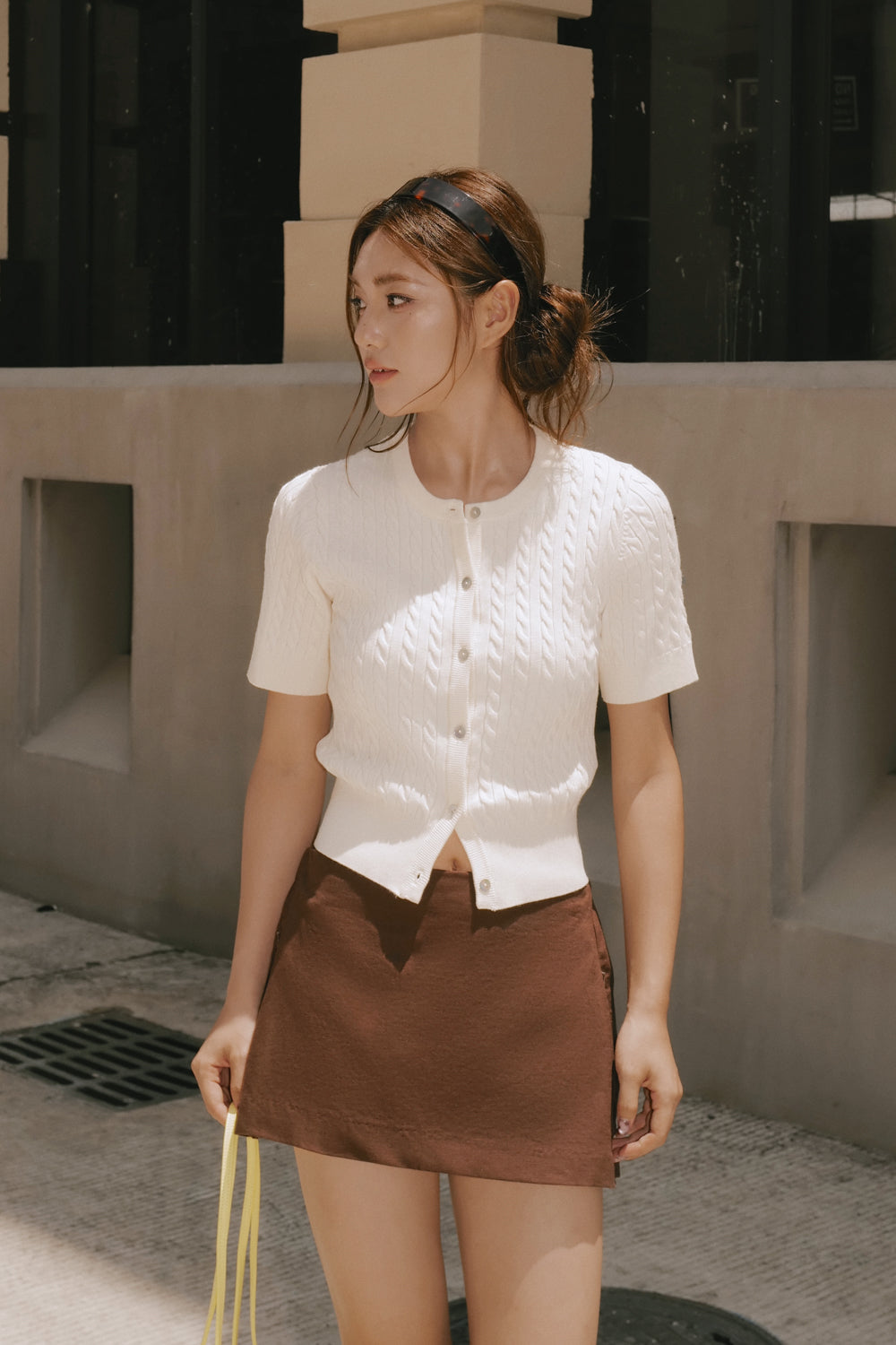 Afternoon Walk Cable Knit Button-Front Short Sleeve Top