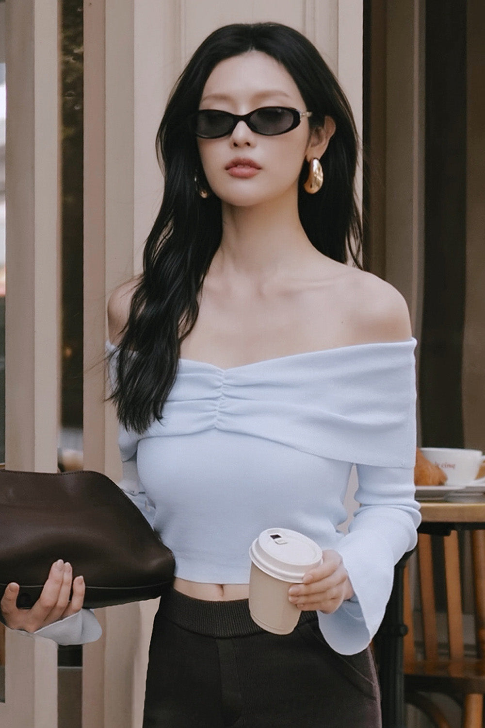 Ice Knit Pleated Off-the-Shoulder Long Sleeve Bra Top