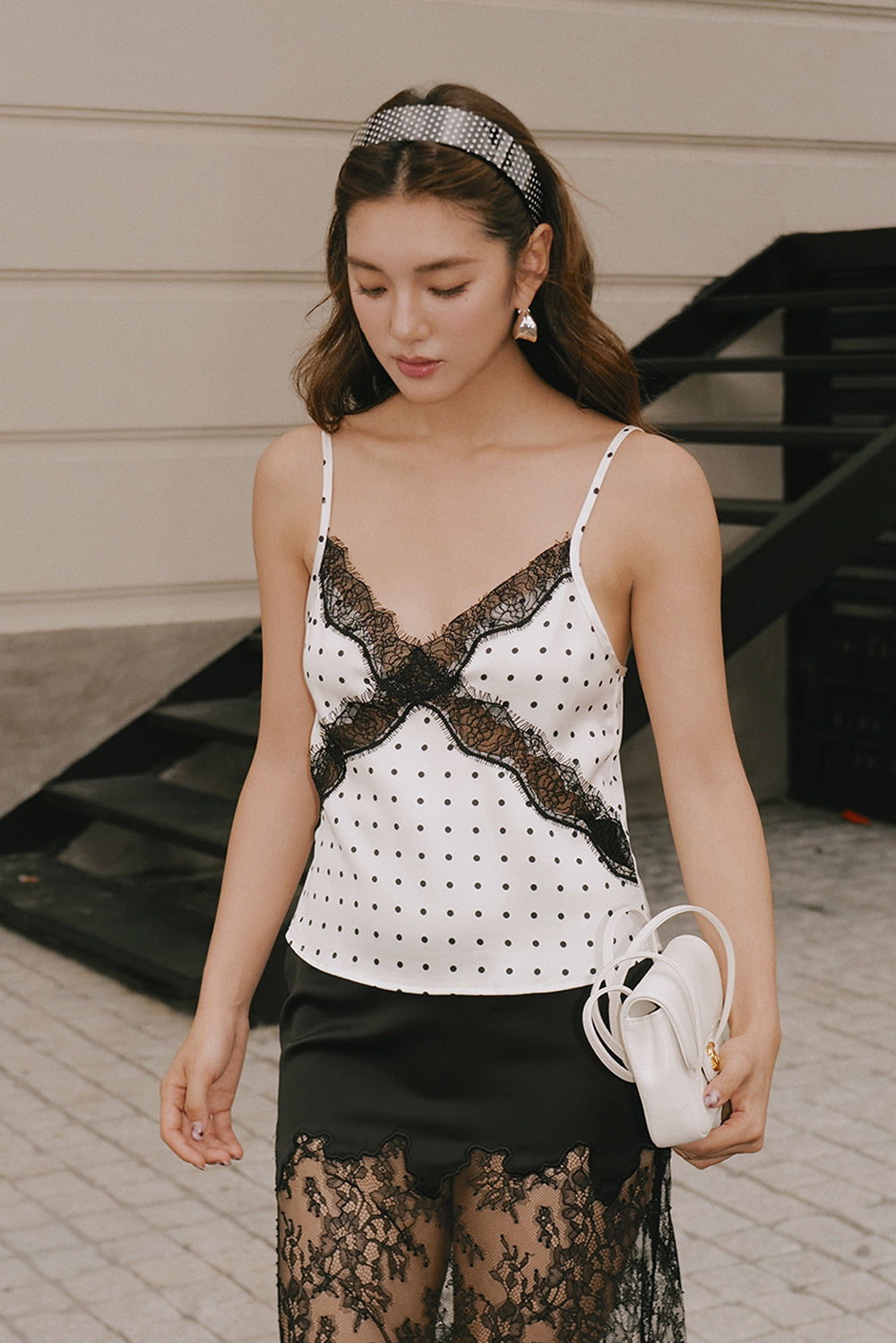Satin Lace Trim Asymmetric Cut-Out Cami Top