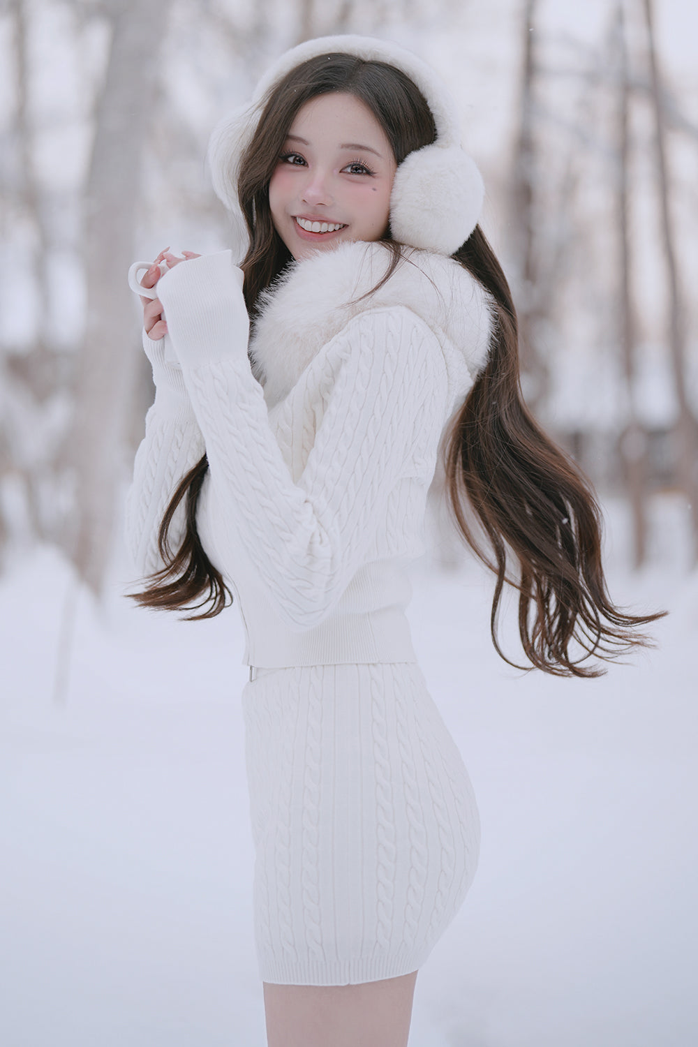 Gentle Touch Fine Cable Knit Faux Fur Trim Cropped Jacket