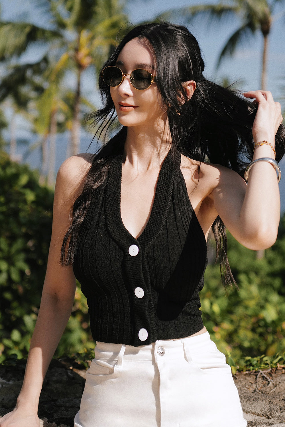 Wide Ribbed Knit Halter Knit Button Bra Top