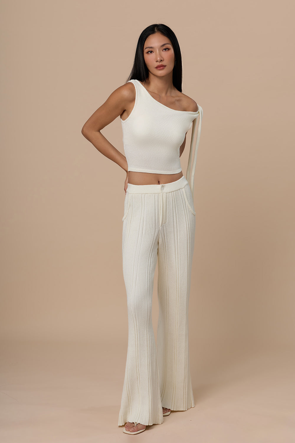 Wide Ribbed Knit Faux Waistband Pants