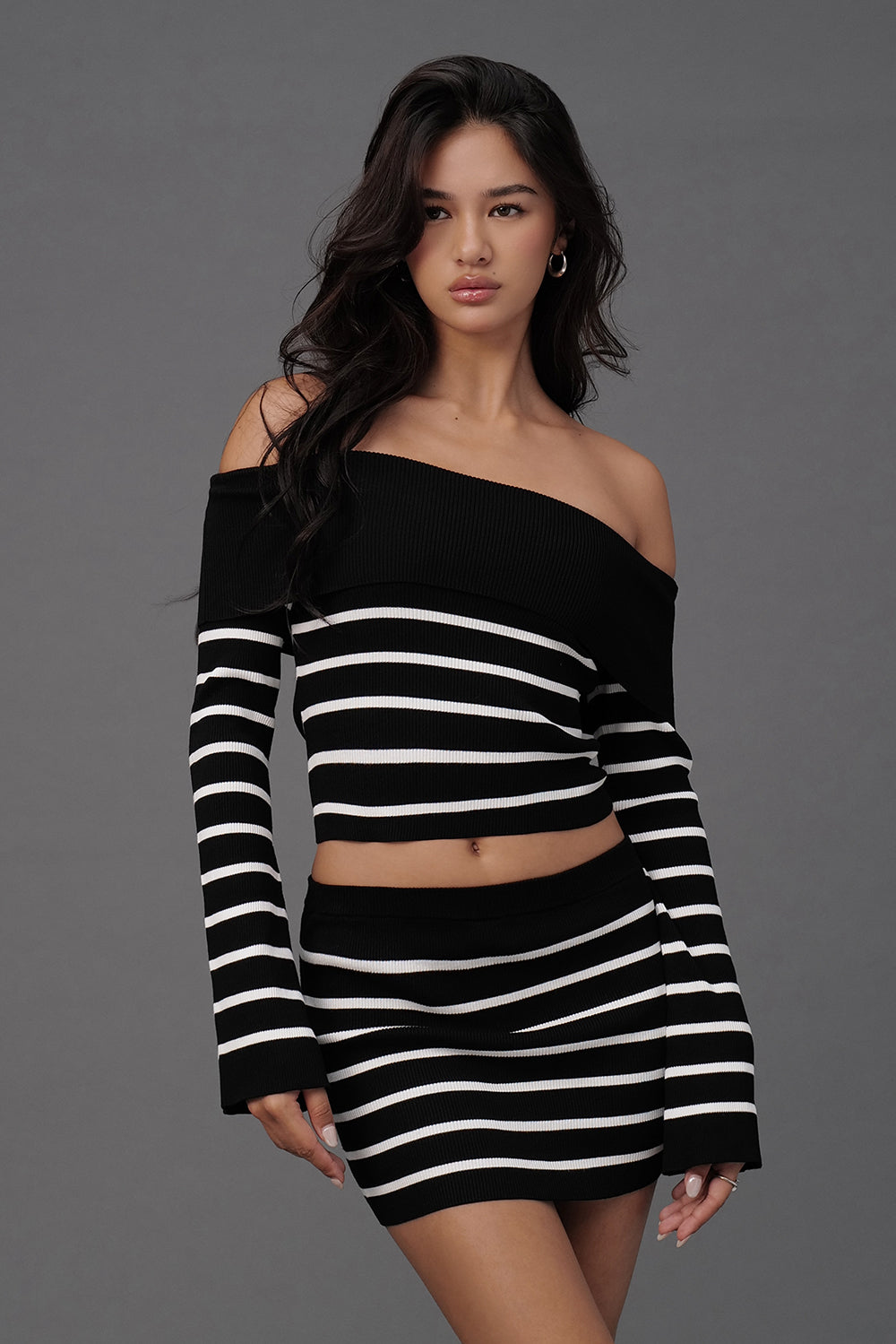 Afternoon Walk Striped Knit Folded Off-Shoulder Long Sleeve Top