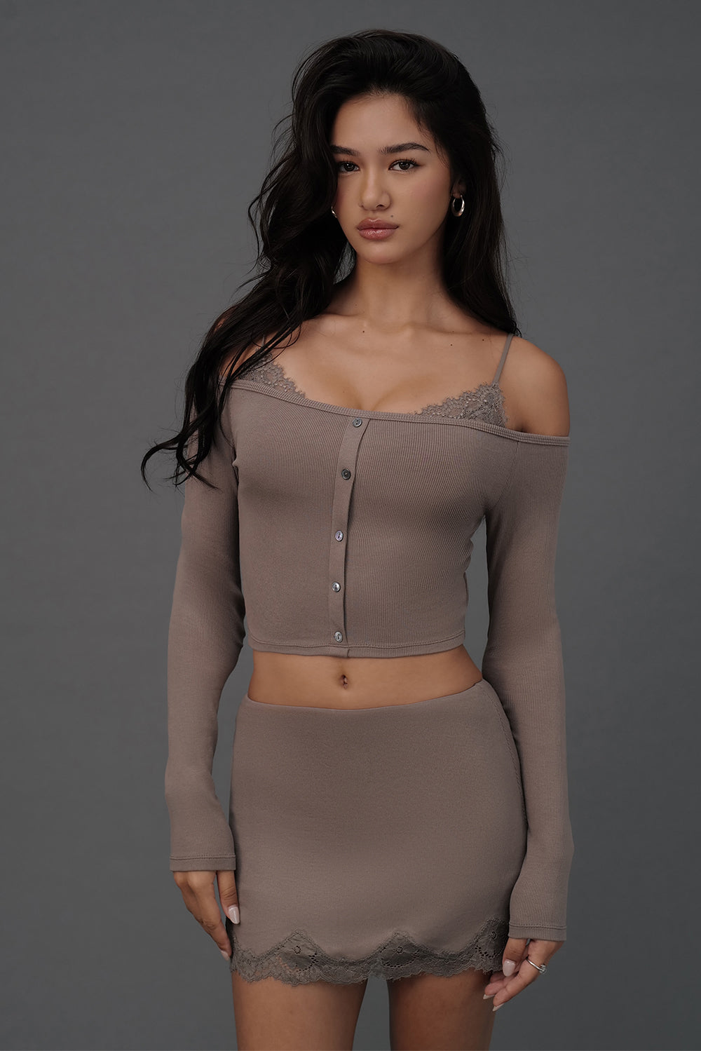 Elegant Rib Lace Trim Off-Shoulder Long Sleeve BraTop
