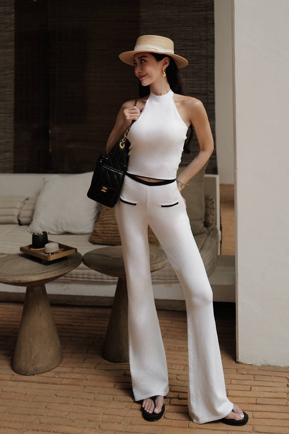 Ice Knit Contrast Trim Flare Pants With Faux Pockets