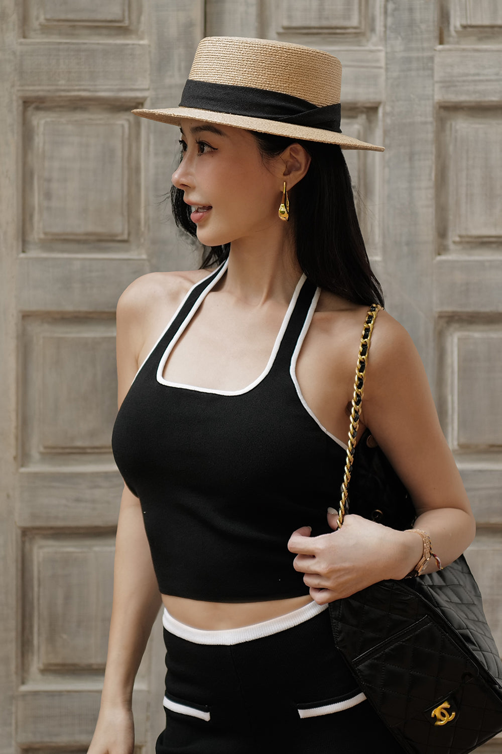 Ice Knit Contrast Trim Halter BraTop