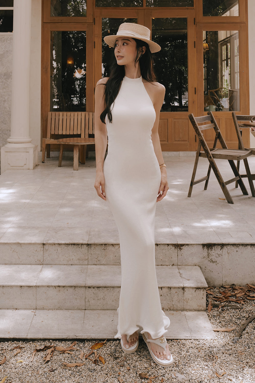 Plain Knit Ruffled Hem Halter Maxi Bra Dress