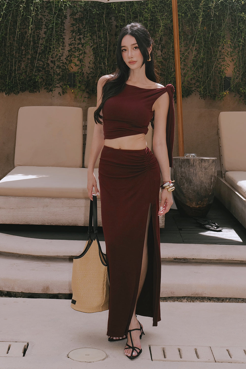 Soft Stretch Ruched Slit Maxi Skirt
