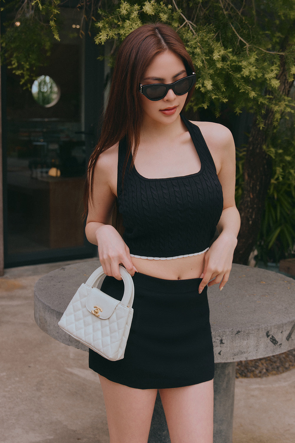 Afternoon Walk Knit Ripple Trim Halter Bra Top