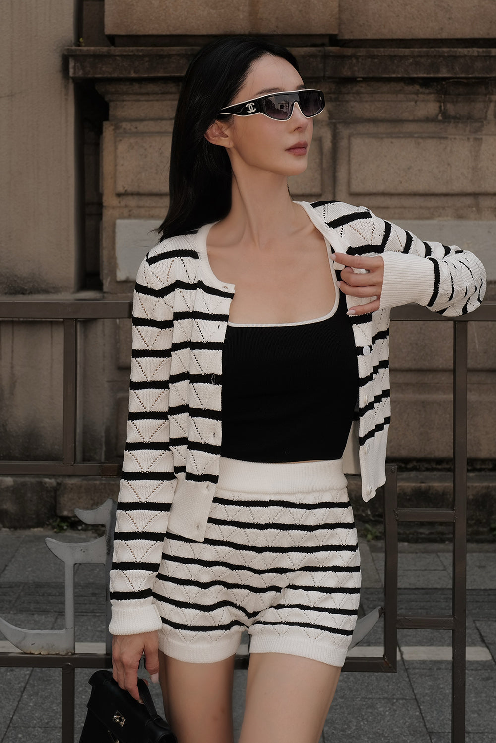 Ice Jacquard Striped Knit Button-Up Cardigan
