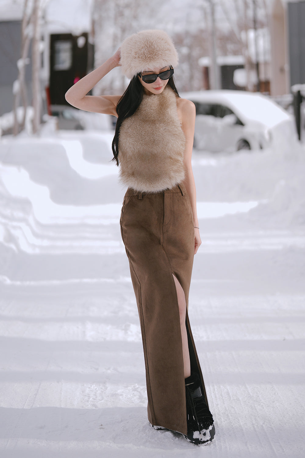 Faux Suede Front-Slit Maxi Skirt