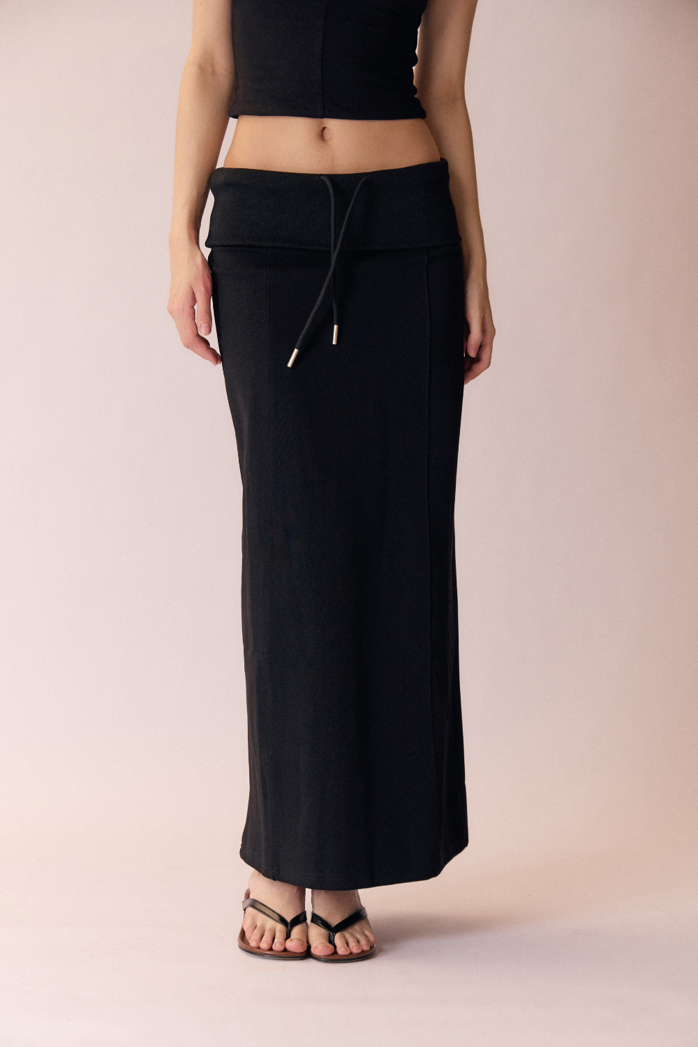 Wide Folded Waist Drawstring Maxi Skirt