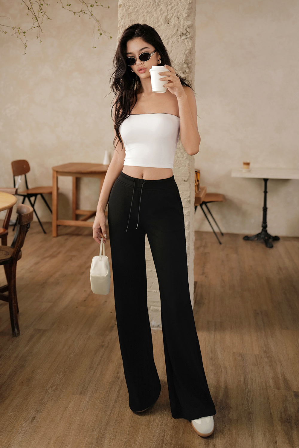 Peach Skin Drawstring Relaxed Wide-Leg Pants