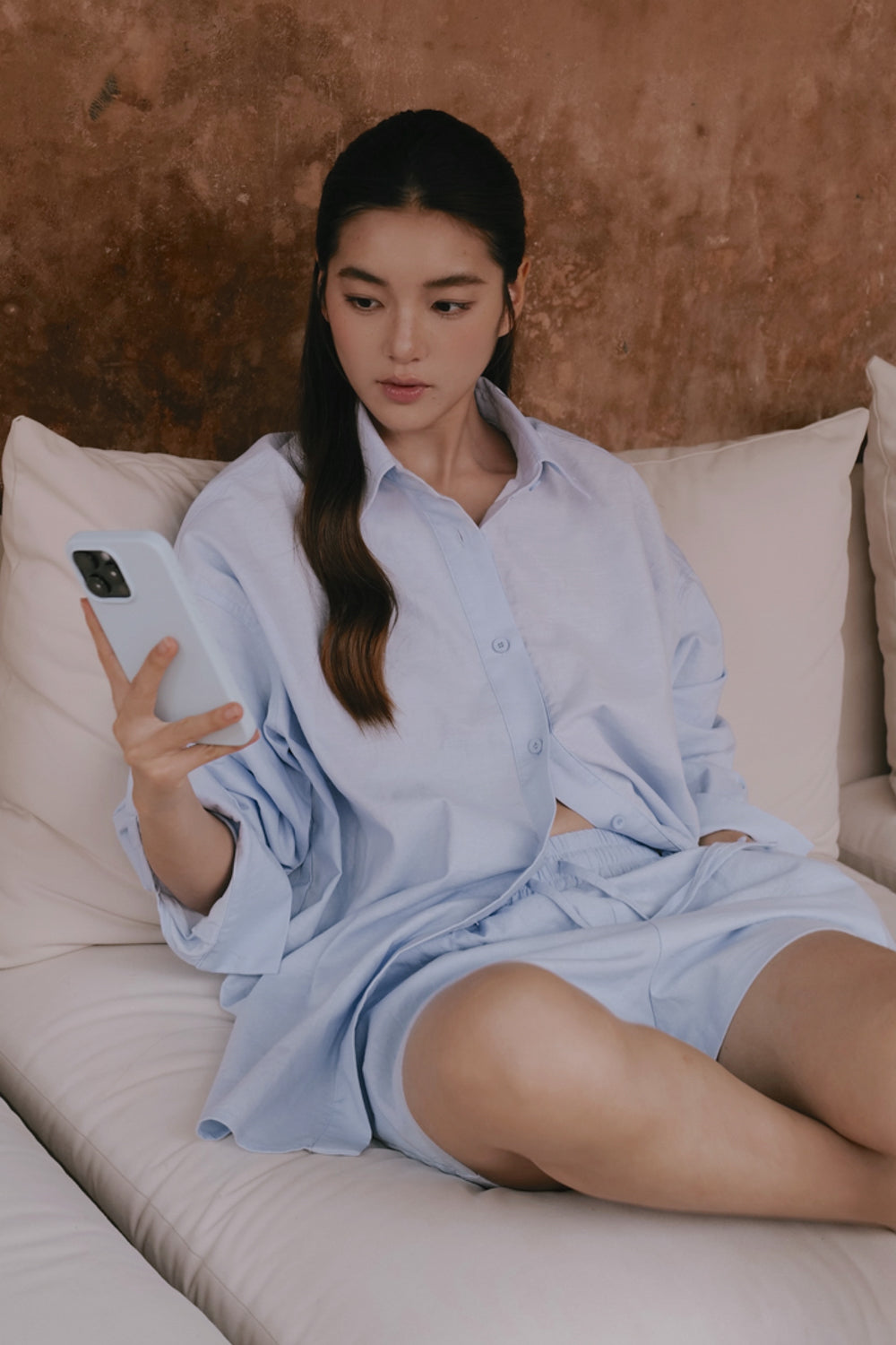 Stain-Resistant Cotton-Linen Long Sleeve Shirt & Waist Shorts Set