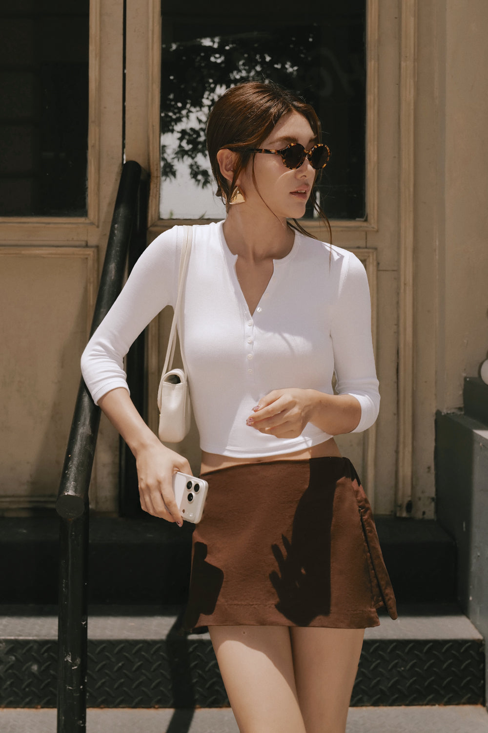 Elegant Rib Button-Front Elbow-Sleeve Top