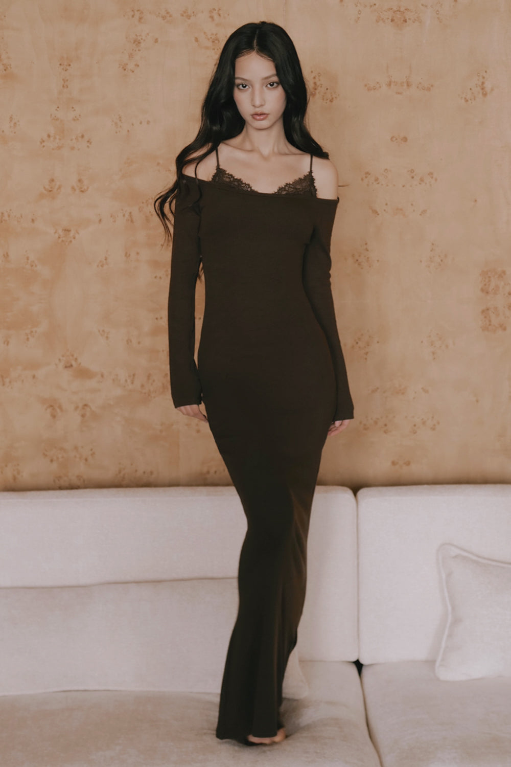 Elegant Rib Lace Trim Off-Shoulder Long Sleeve Bra Dress