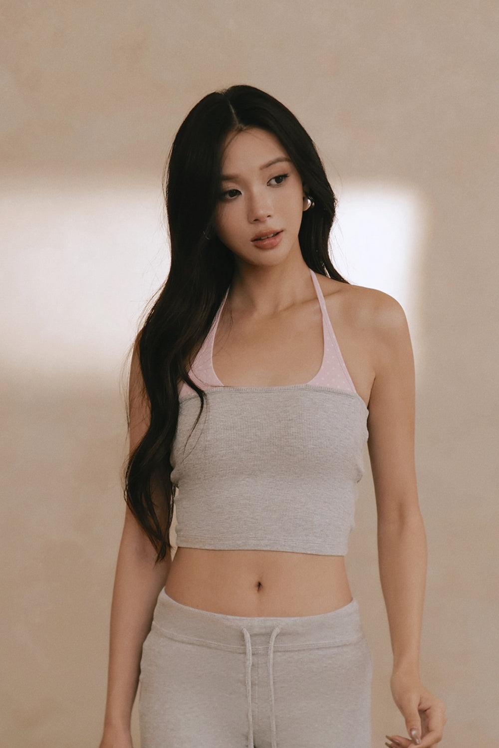 Elegant Rib Swim Faux-Layered Halter BraTop