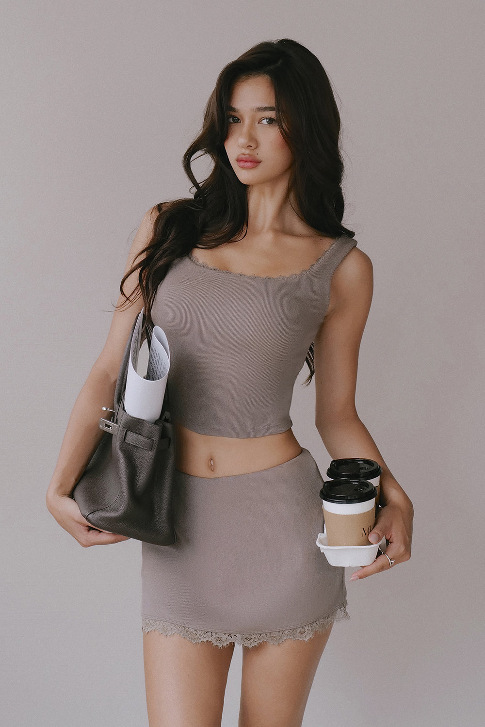 Elegant Rib Lace Trim Wide Strap Bra Top