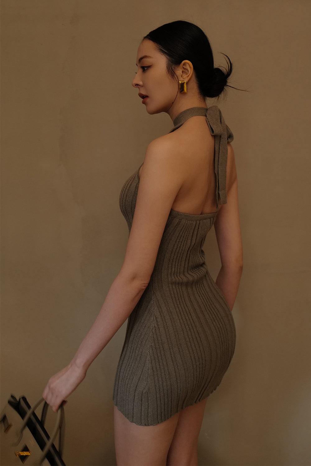 Wide Ribbed Knit Halter Mini Bra Dress