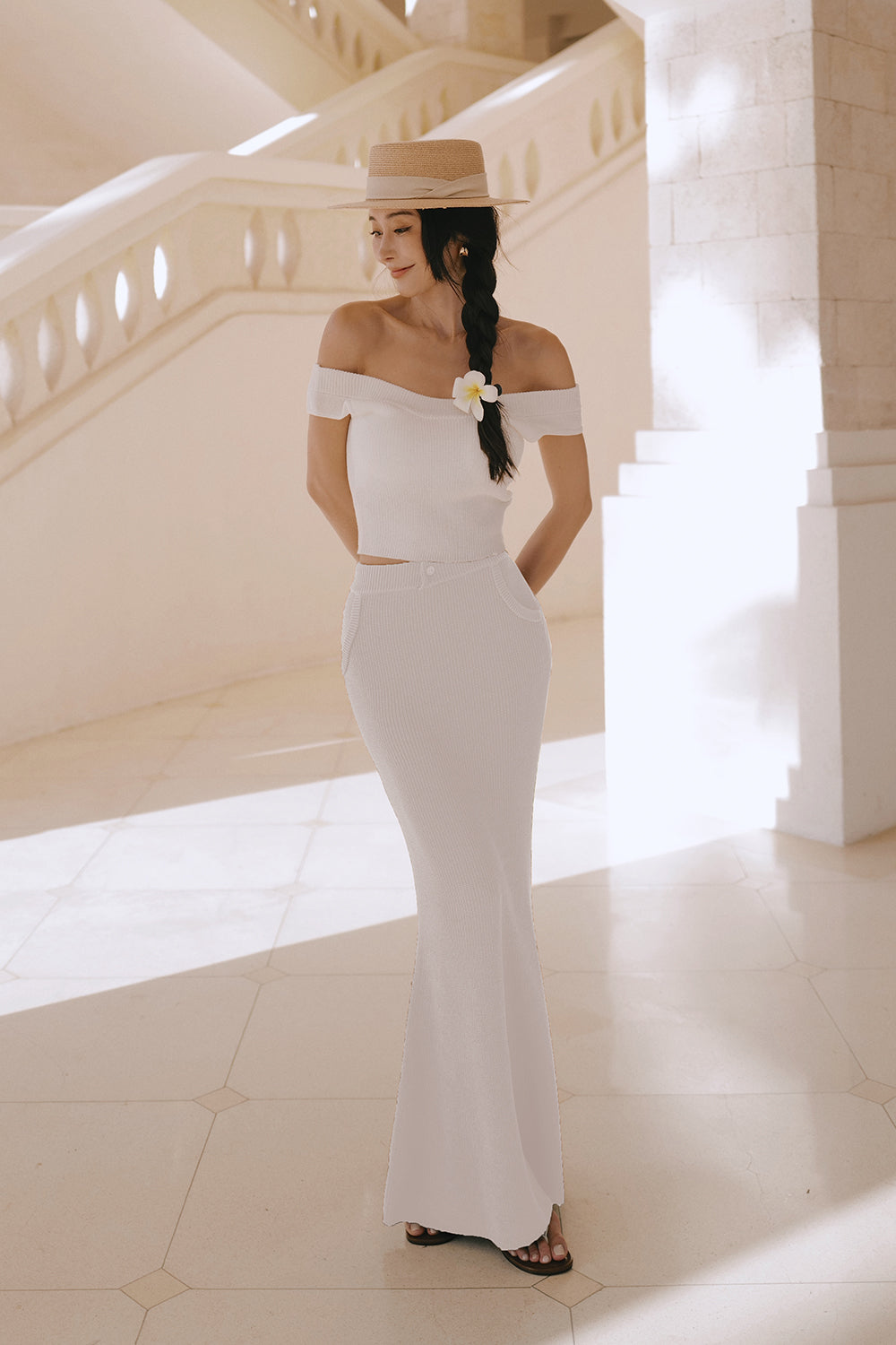 Ice Knit Faux Waistband Fishtail Maxi Skirt