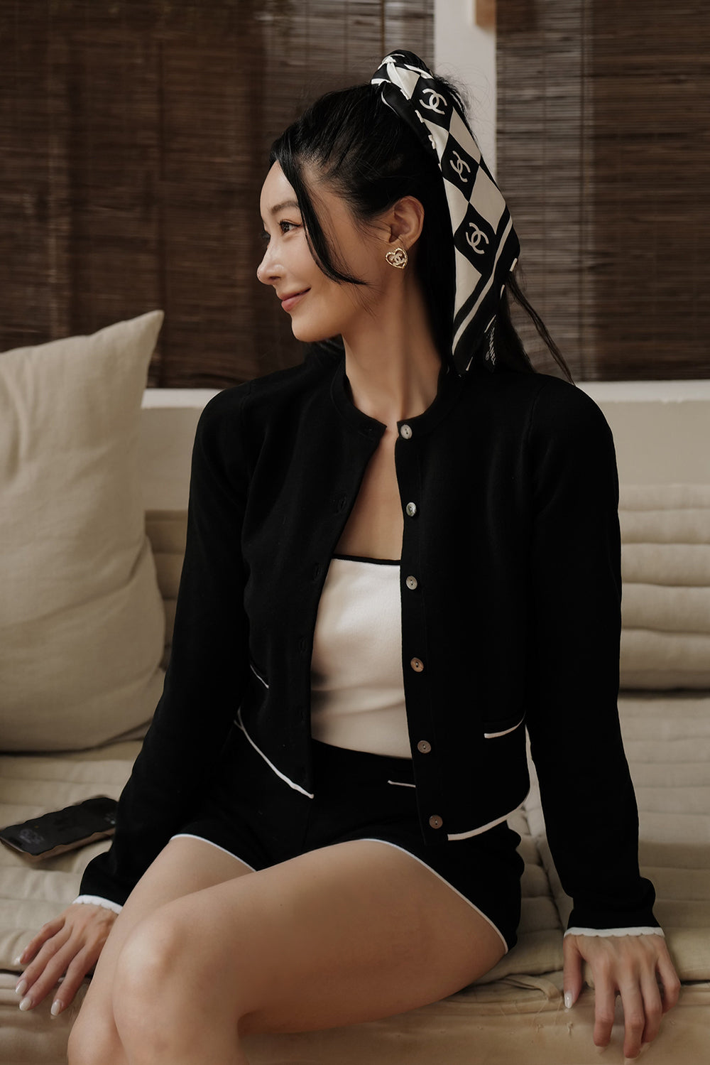 Ice Knit Contrast Trim Button-Up Jacket with Faux Pockets
