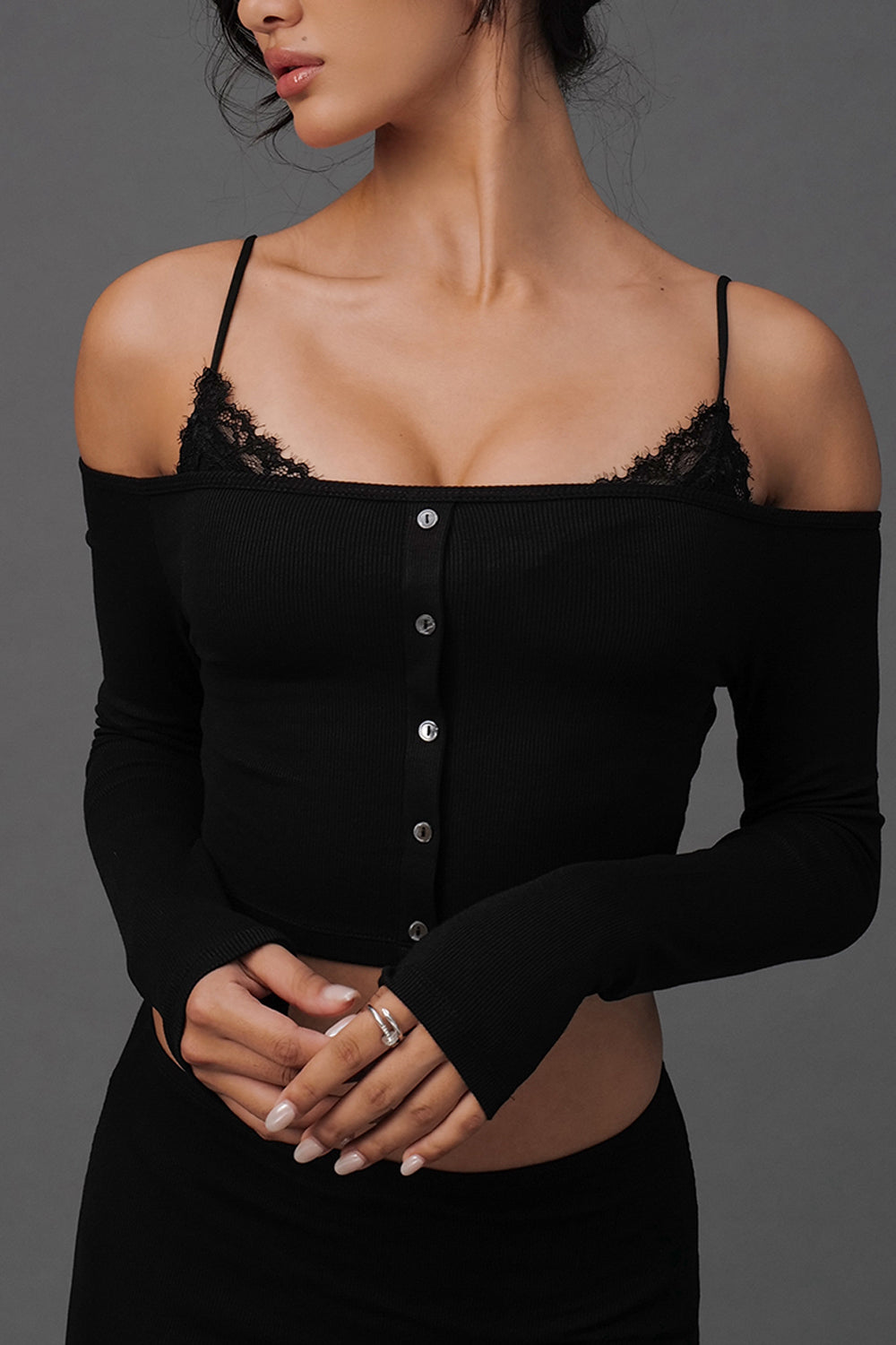 Elegant Rib Lace Trim Off-Shoulder Long Sleeve BraTop