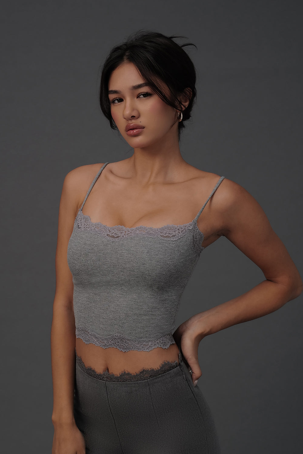 Elegant Rib Lace Trim Spaghetti Strap BraTop