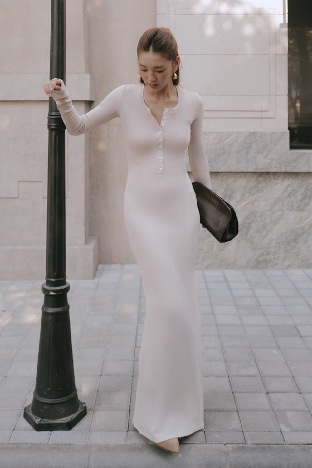 Elegant Rib Warmth Long-Sleeve Buttoned-Bodice Side-Slit Dress