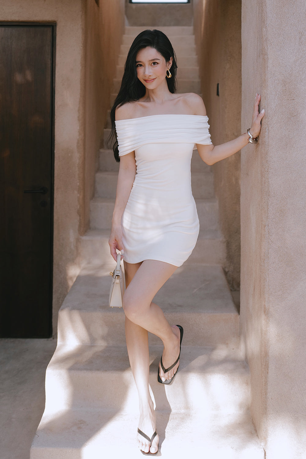 Soft Stretch Off-Shoulder Short Sleeve Mini Bra Dress