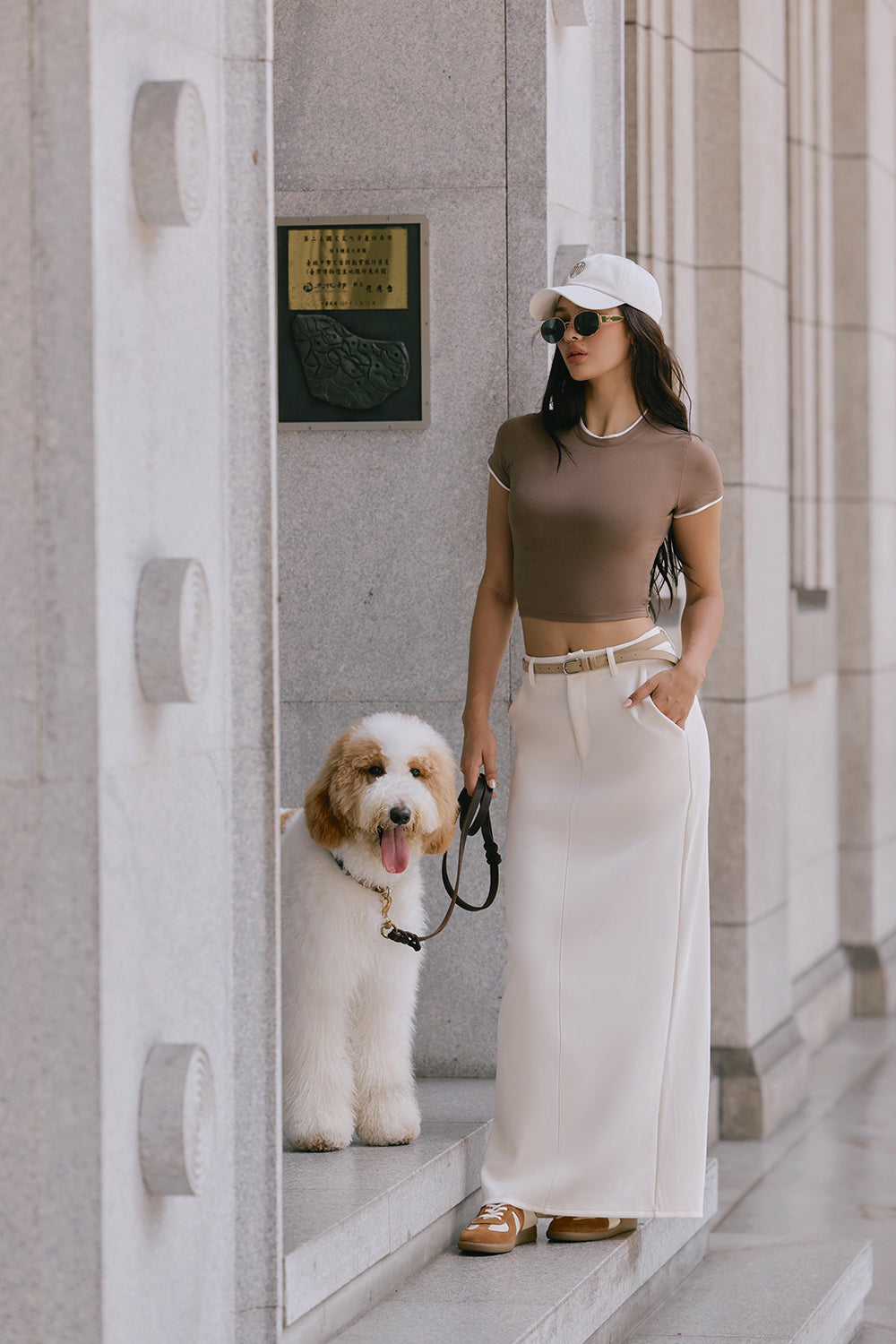 Peach Skin Belted Straight Maxi Skirt