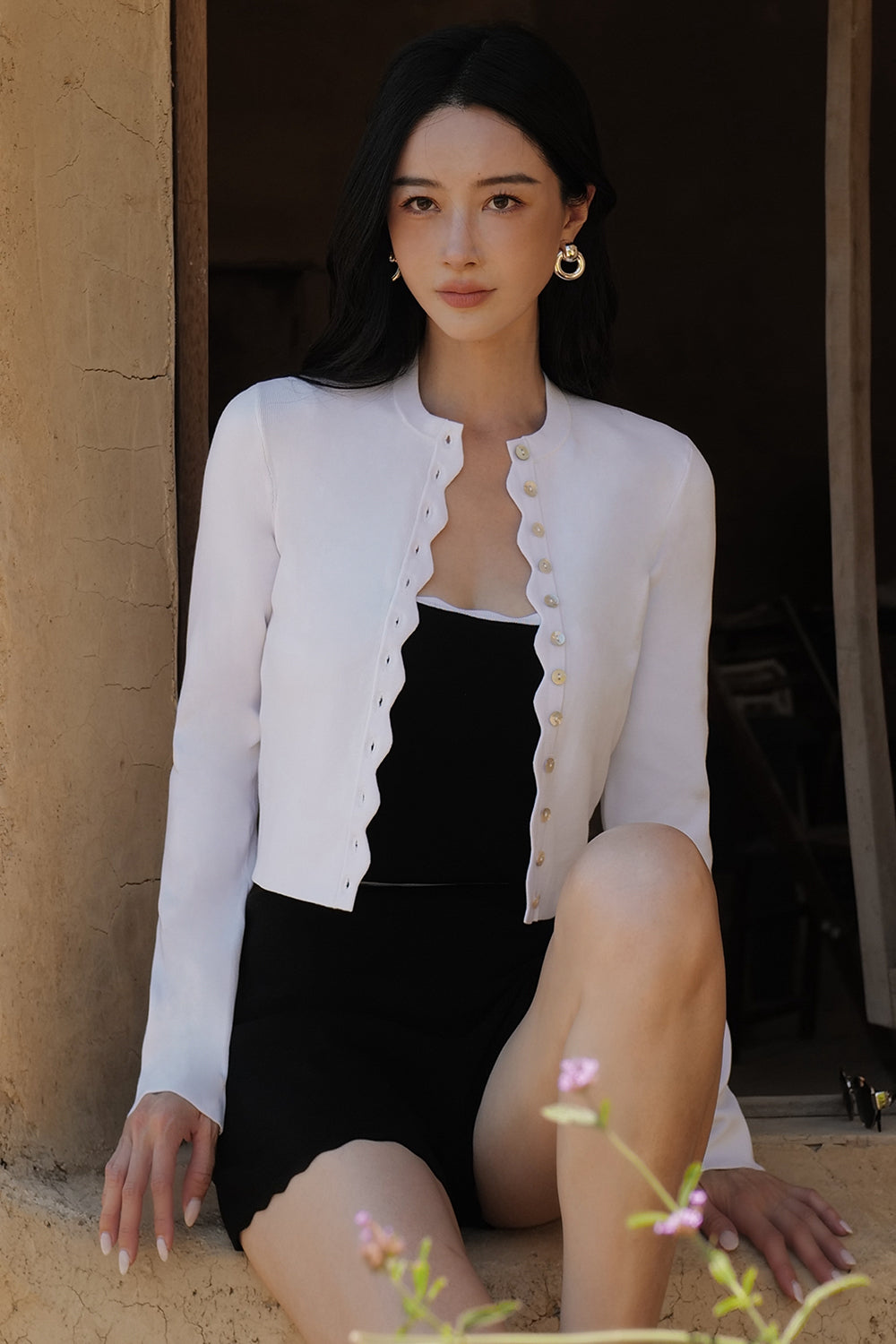 Ice Knit Trim Ribbed Button-Up Cardigan