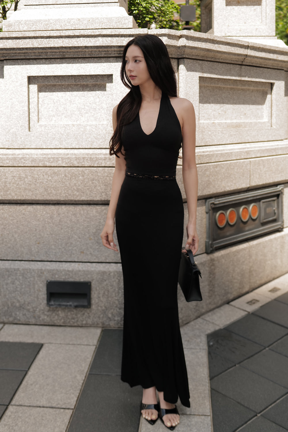 Elegant Rib Lace Trim Maxi Skirt