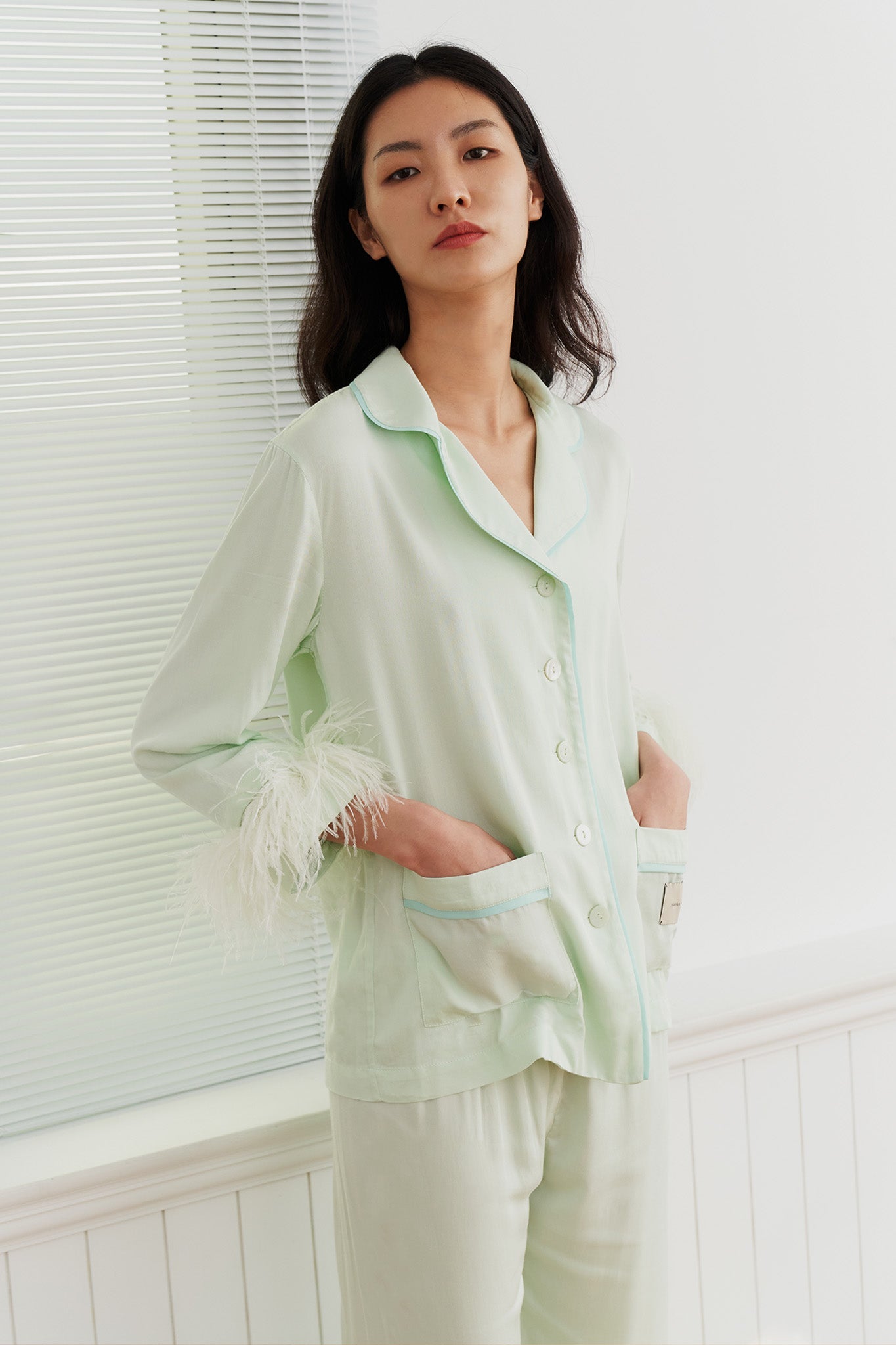 Feather-Trimmed Pajama Set