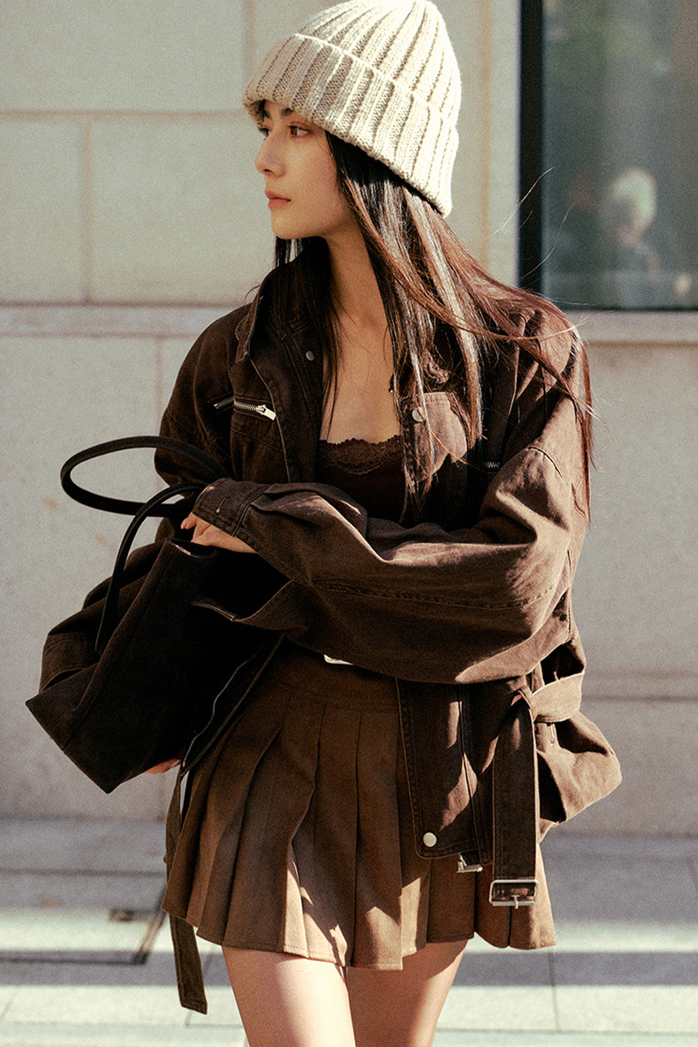 Suede Pleated Skirt with Belt