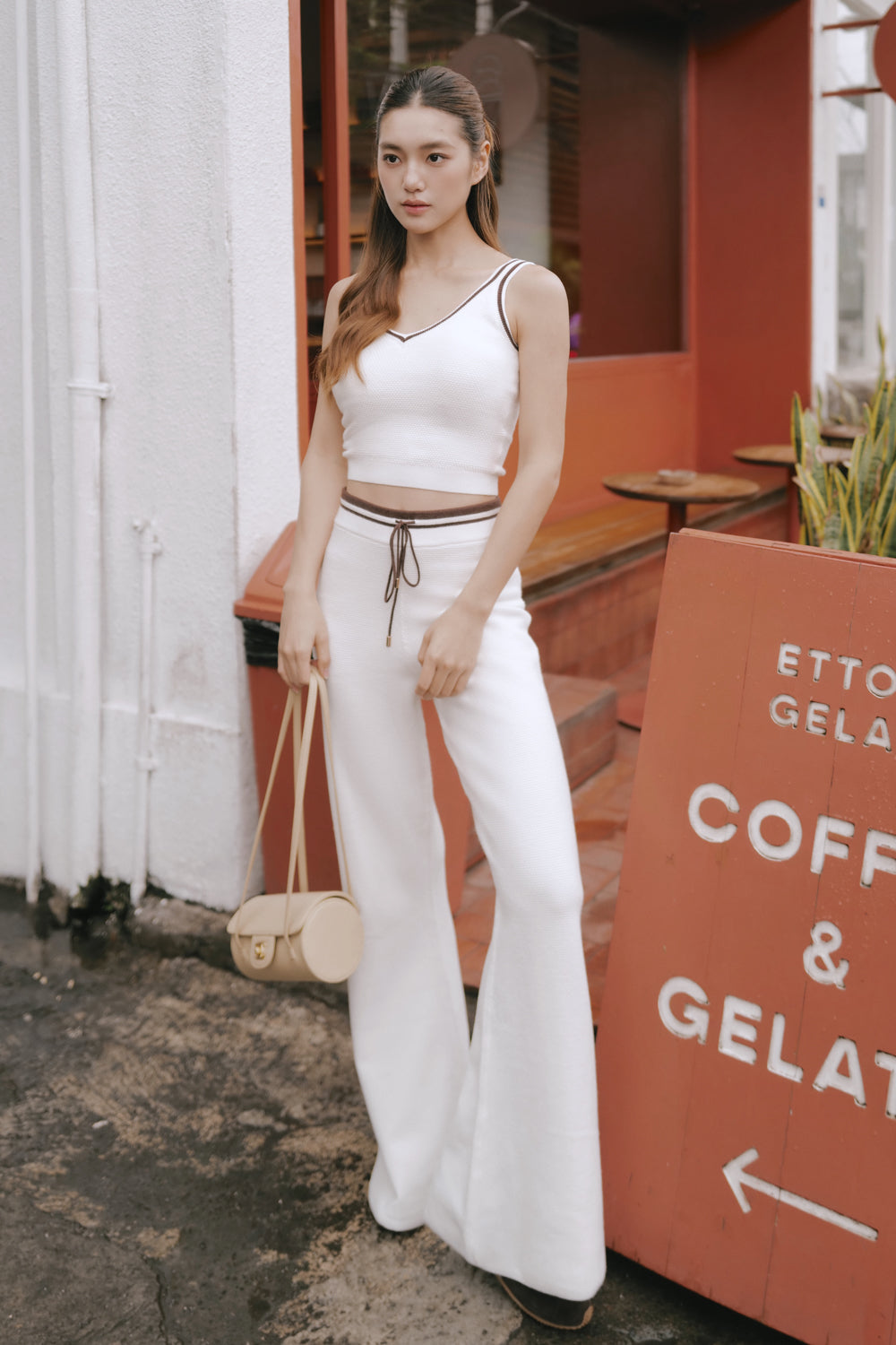 Afternoon Walk Tuck-Stitch Knit Contrast Trim Drawstring Wide-Leg Pants