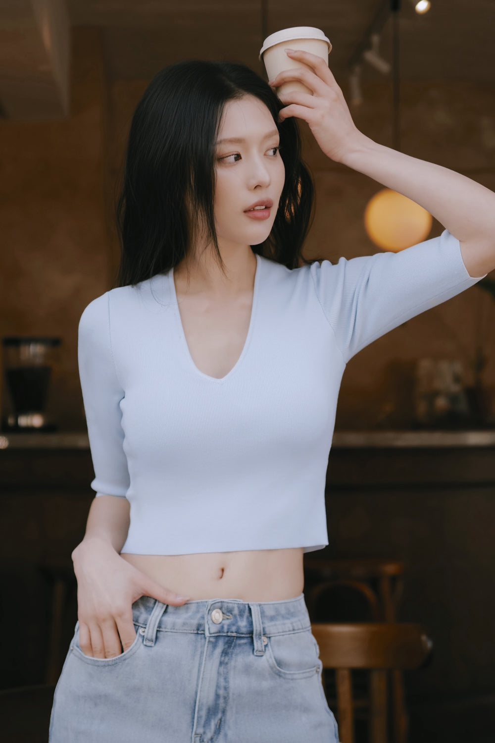 Ice Knit V-Neck Half-Sleeve Bra Top