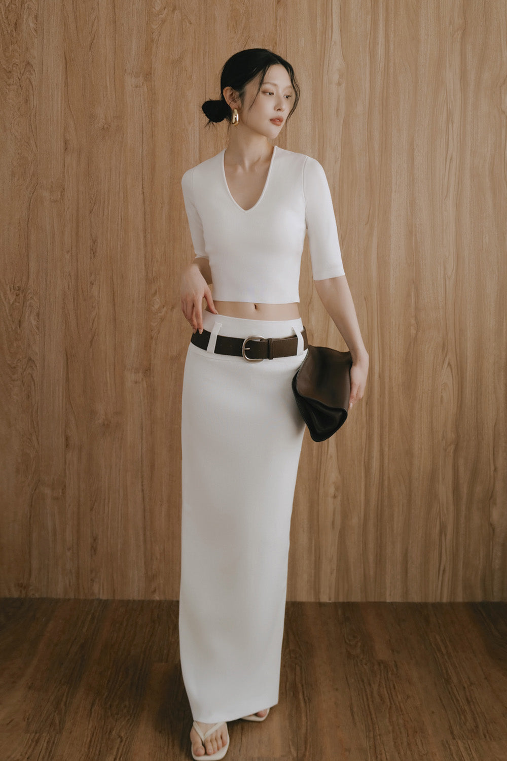 Ice Knit Wide-Waistband Maxi Skirt with Suede Belt