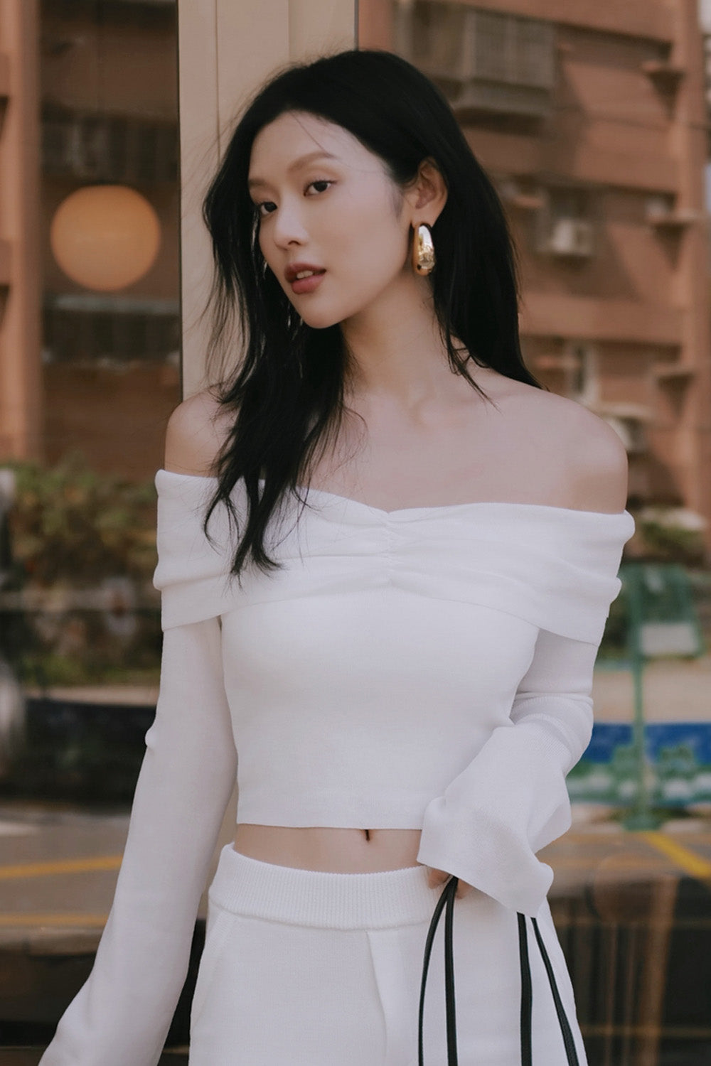 Ice Knit Pleated Off-the-Shoulder Long Sleeve Bra Top