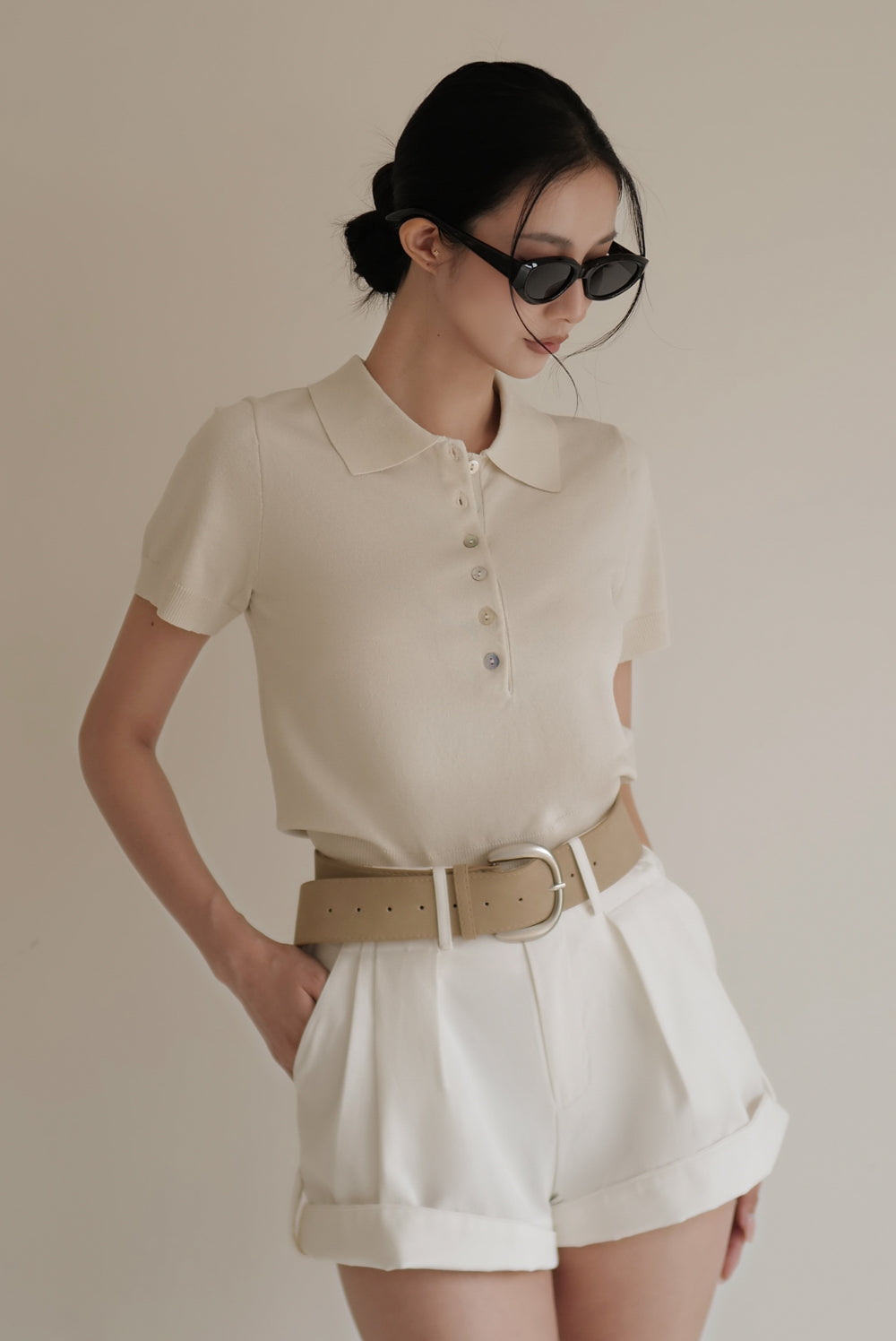 Ice Knit Polo Collar Faux Pearl Button Short Sleeve Top