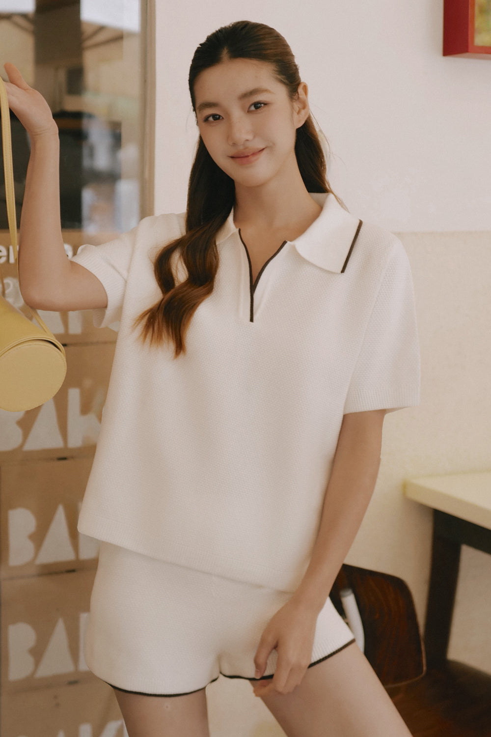 Afternoon Walk Tuck-Stitch Knit Contrast Trim Shorts