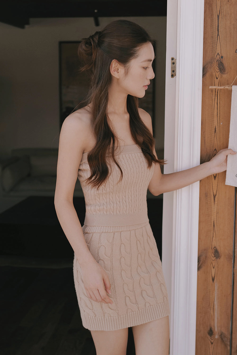 Gentle Touch Cable Knit Wide-Waist Mini Skirt